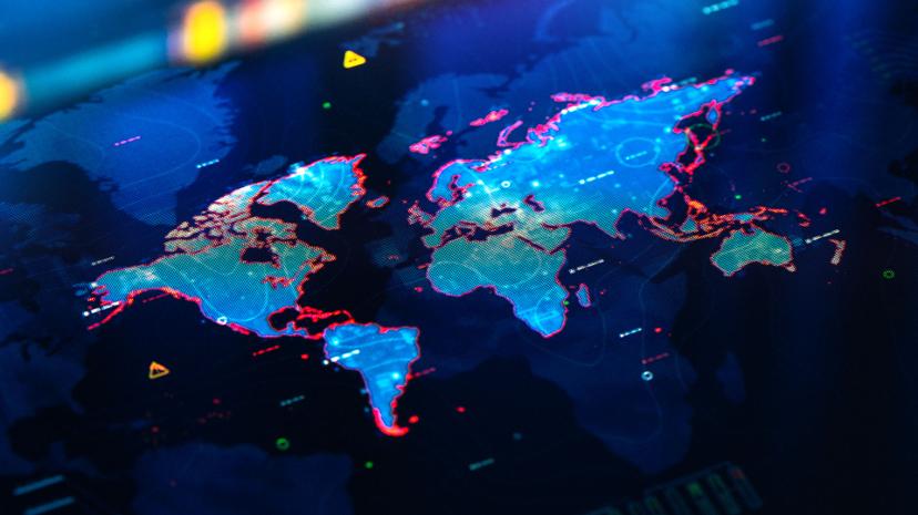 Digital world map with continents illuminated in blue, edged with red, on a dark background, resembling a high-tech interface.