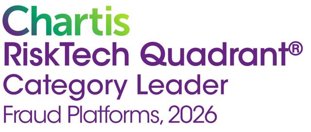 Text logo for Chartis RiskTech Quadrant, denoting Category Leader in Fraud Platforms for 2026, with green and purple text.