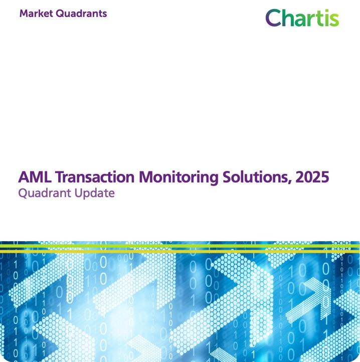 Cover of "AML Transaction Monitoring Solutions, 2025: Quadrant Update" by Chartis, featuring digital security graphics with data patterns.