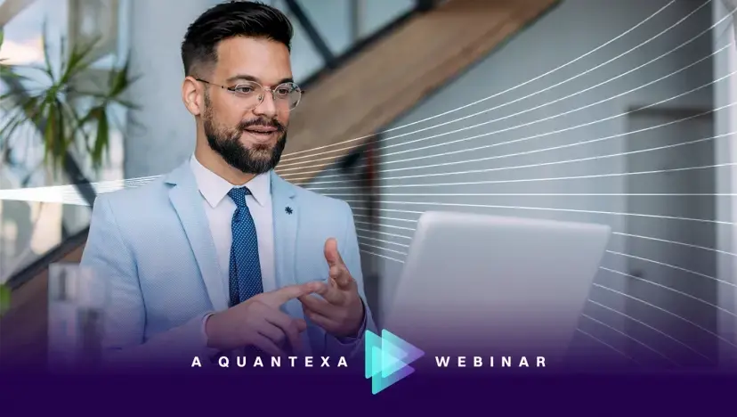 A man in a light suit gestures during an online presentation with "A Quantexa Webinar" text and digital design elements overlaid.