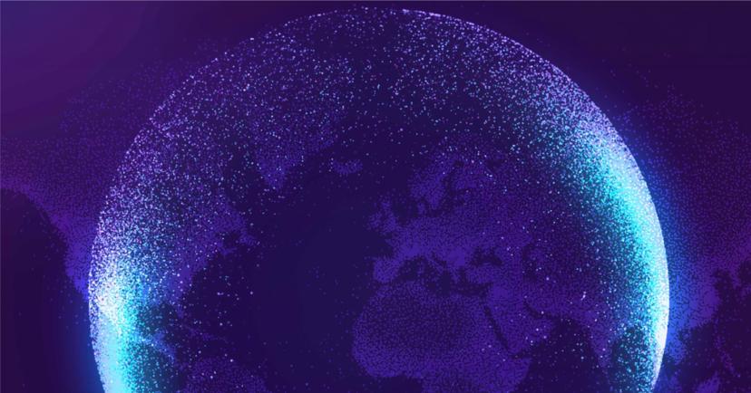 A digital, abstract illustration of a glowing Earth globe in purple and blue hues, composed of small dots against a dark background.